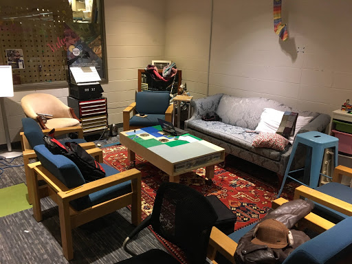 The Maker Hub Idea Lounge, with LEGO table and ideation games, is designed to encourage communication and collaboration.
